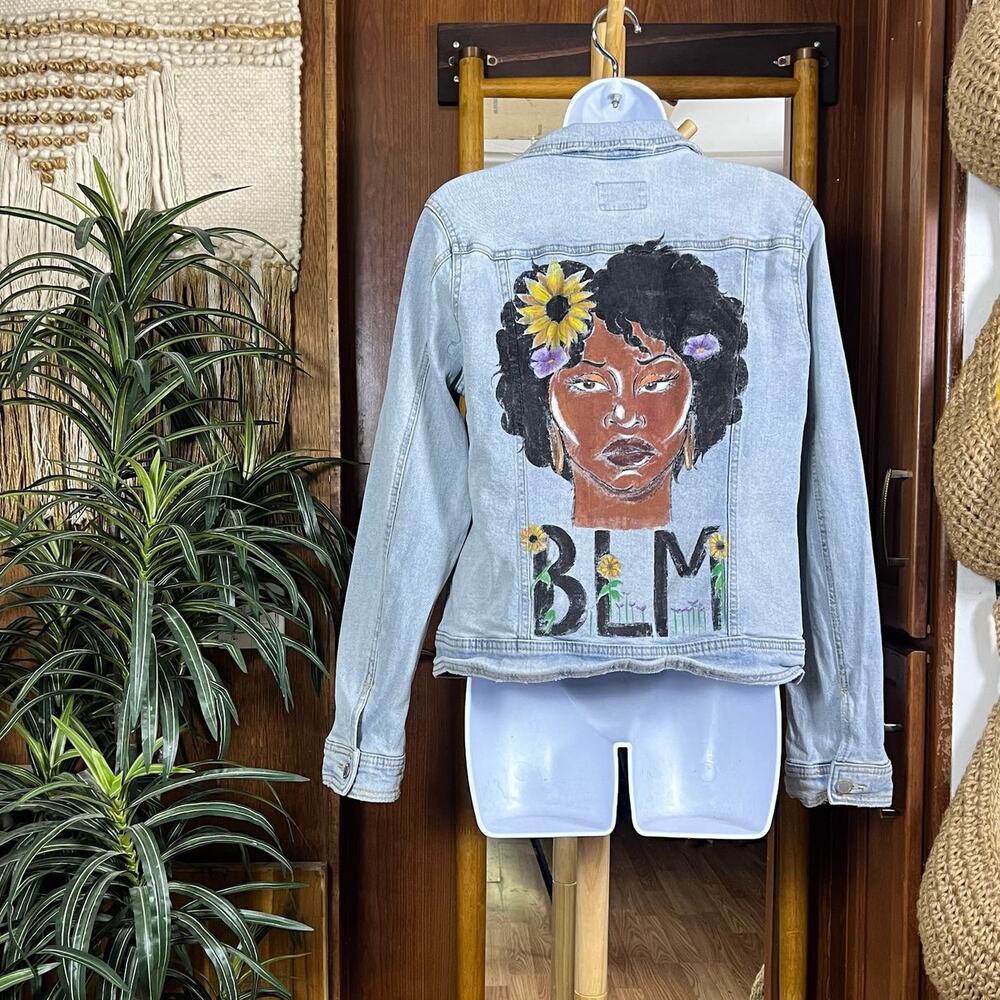 Black Lives Matter Denim Jacket Womens M Hand Painted BLM Light Wash Stretch